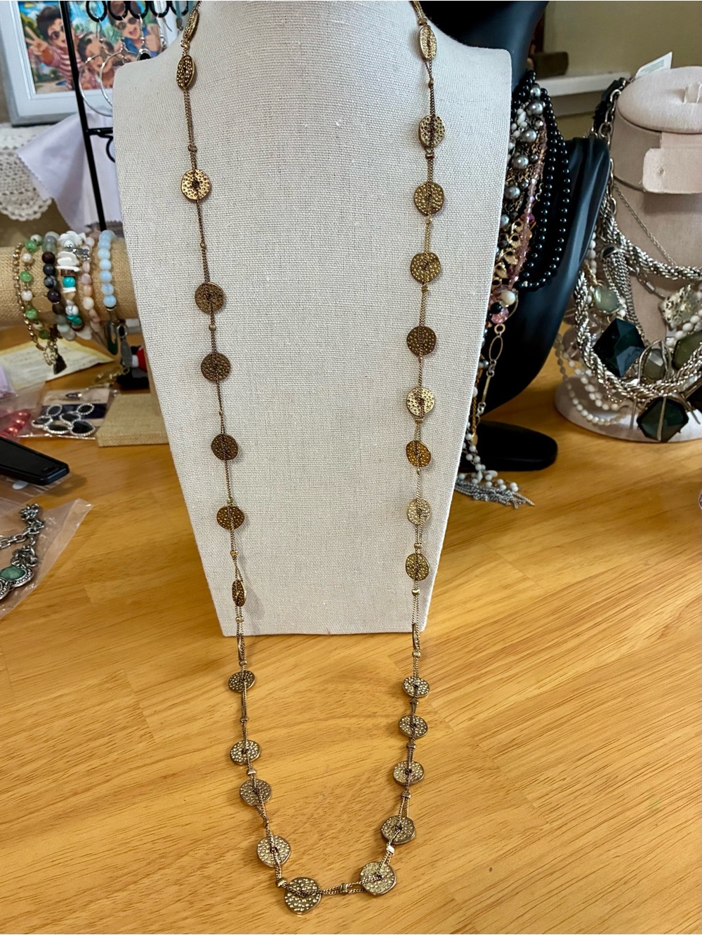 Gold-Tine Disc Station Long Necklace - Women Jewelry.